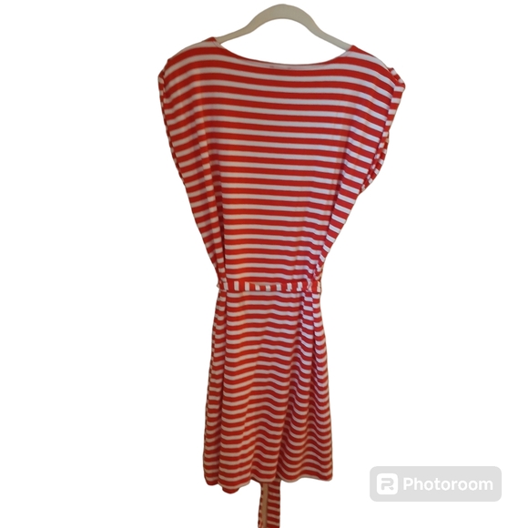 Talbots Women's Reddish Orange And White Striped T Shirt Dress With Belt Size LP - Picture 2 of 10